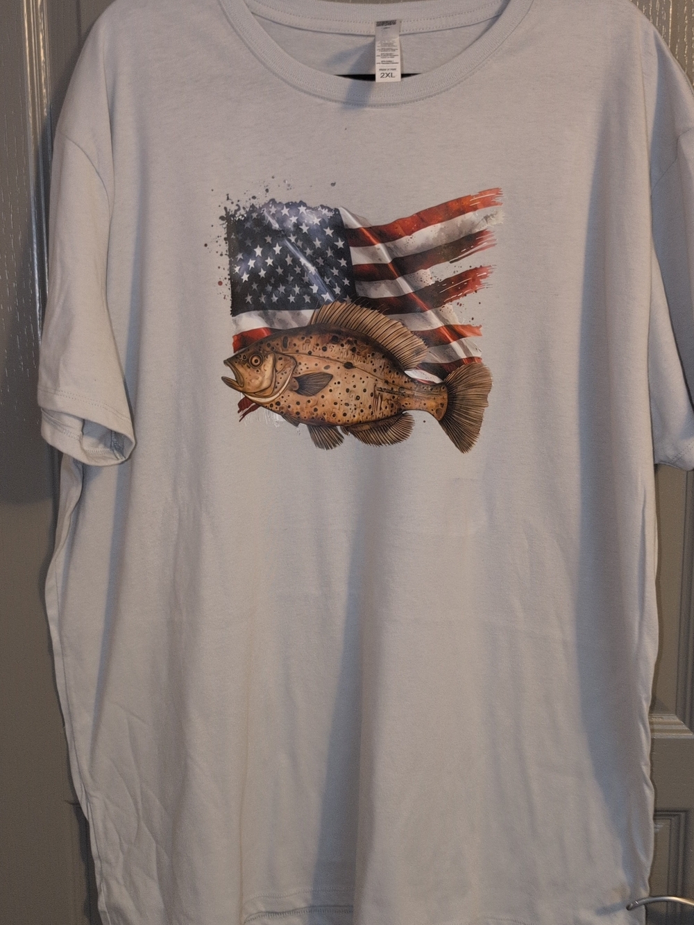 Custom Made Gray Short-Sleeve Graphic Tee with Fish and American Flag